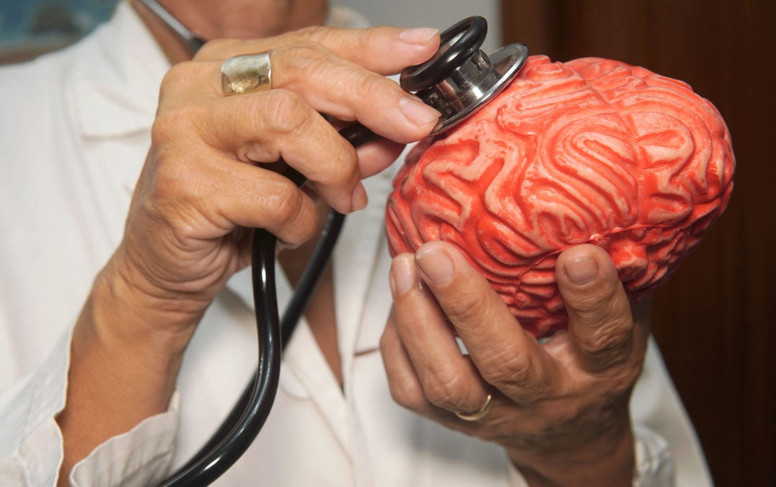 A female doctor puts the stethoscope on a rubber brain